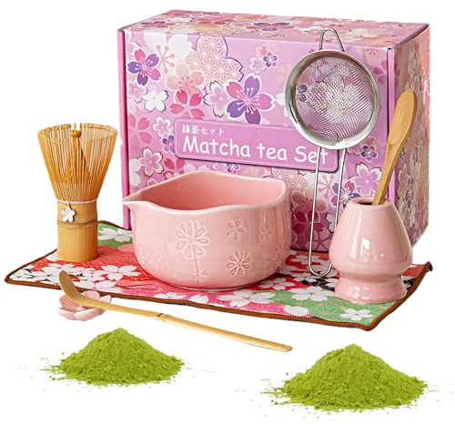 Matcha Set di 8 pezzi Macha Tea con scopa, filtro filtro, ciotola, cucchiaio, tappetino per asciugamano da tè, set regalo per la preparazione tradizionale matcha (verde) (rosa)