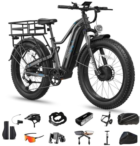 FREESKY Dual Motor Ebike for Adults : 200NM Electric Bike, 48V 25Ah Battery,105-Mile Long Range E Bike,26 Fat Tire Full-Suspension All-Terrain E Mountain Bicycle - Off-Road &Commuting(Ultimate Kits)
