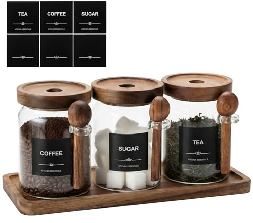 Skleptix glas te kaffe socker behållare set, 600ml/21oz lufttäta glasförvaringsburkar med lock, skovlar, etiketter & bricka, förvaringsbehållare för köksdisk