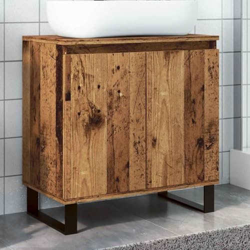 Bendmaxx Badskåp gammalt träutseende av trämaterial 58 x 33 x 60 cm med 2 dörrar, järnfötter, lagringsutrymme för badrumsmöbler, väggfäste krävs för säkring