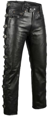 MDM Biker läderbyxor med spännen bikerjeans läderjeans motorcykel läderbyxor, svart, 40