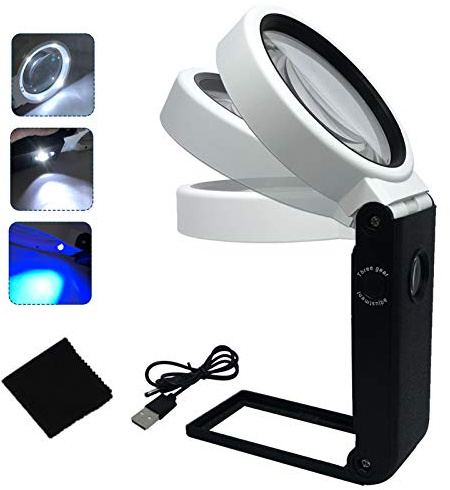 Magnifying Glass with Light and Stand Folding Design, LED Illuminated Magnifier for Close Work, Handheld Magnifying Glass for Reading, Powered by Battery or USB (6X 25X)