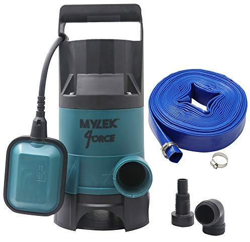 MYLEK Submersible Water Pump 400W Electric, 8000L/H, 5m Layflat Hose for Clean or Dirty Water with Float Switch, 10M Power Cable - for Floods, Pools, Gardens, Ponds, Hot Tubs