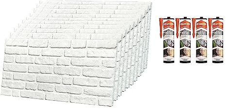 IZODEKOR Rivestimento 3D Effetto Pietra - Pannelli Polistirolo per Cucina, Bagno, Balcone, Soggiorno, Terrazza | White Snow (10 x Pannelli e 4 x Sigillanti Adesivi inclusi)