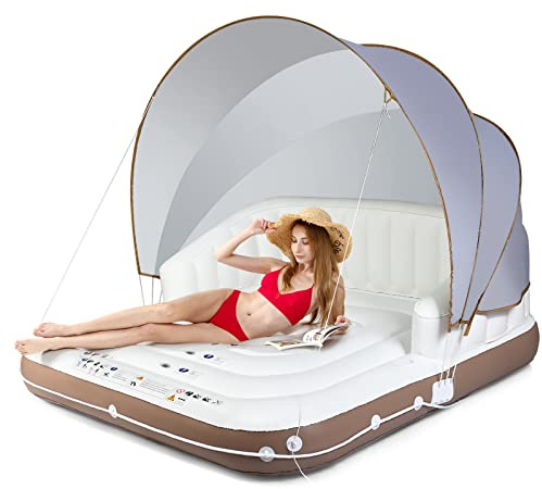 COSTWAY Isla Hinchable con Toldo para 2 Adultos, Toldo Retráctil y Removible, 2 Portavasos, Flotador de Piscina Interior y Exterior con Protección UPF50+, Soporta hasta 200 kg