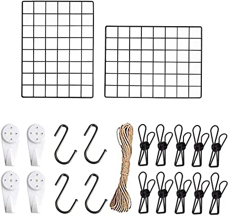 Genérico Rejilla Decoracion Pared Juego de 2,Rejilla de Pared Para Mostrar Fotos,Rejilla Metálica Para Decoracion Habitacion y Organizador Pared Escritorio (Negro)