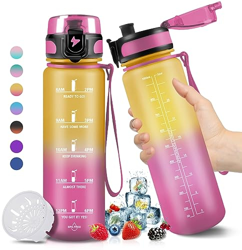 HoneyHolly Botella Agua, Botella Agua 1 litro, Botella Agua Deporte, Sin BPA, Tapa a prueba de fugas con tapa abatible y Paja, 2 opciones de bebida, Aplicar a Sport, Gimnasio, Trekking, Bicicleta