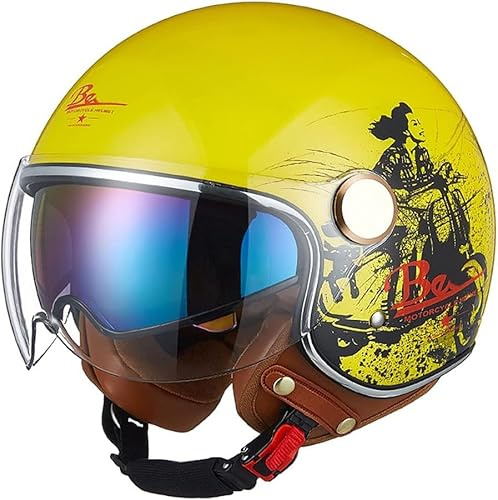 Demi-Casque Vintage Unisexe pour Adultes, Casque de Moto rétro, Casque Ouvert 3/4 Street Jet avec Double visière Rabattable pour Scooter Cruiser Chopper cyclomoteur ATV approuvé Dot (54-60 c
