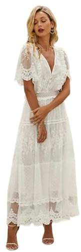 TEidea Vestito Donna Elegante Abito in Pizzo Serale in Pizzo A V: Abiti da Donna Lunghi Cavi con Maniche Corte E Dettagli Semi-Sheer-Bianco-M
