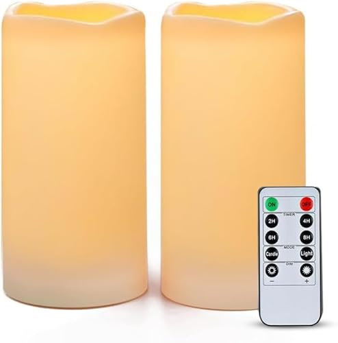 AMAGIC 3 x 6 Waterproof Flameless Candles Outdoor, Battery Operated LED Pillar Candles with Remote Control and Timers, Ivory, Plastic, Won't Melt, Set of 2