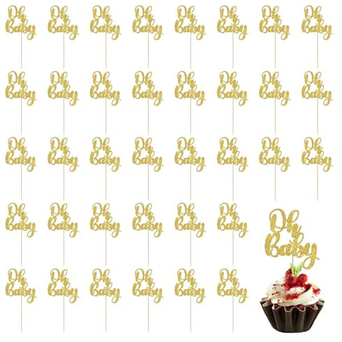 36 PCS Baby Shower Cake Toppers,Gold Oh Baby Cake Toppers for Kids Birthday Party Supplies,Boy or Girl Theme Cupcake Toppers,Baby Shower Cupcake Toppers