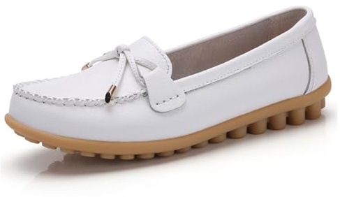 Sunporx Mujer Cuero Mocasines Cómodos Mocasines Informales Antideslizantes Puntera Redondeada Lazo Suela Blanda Negocios Ropa de Oficina Zapatillas Conducción Zapatos para Caminar