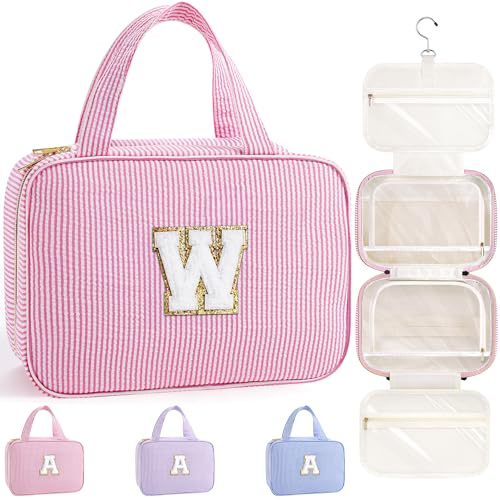 TOPEAST Hanging Toiletry Bag for Women - Travel Toiletry Bag Makeup Bag, Portable Toiletries Cosmetic Bag, Airplane Travel Essentials - Letter W, Pink