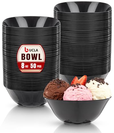 bUCLA 50Pack Black Plastic Small Bowls - 8oz Disposable Ice Cream/Salsa/Dipping/Dessert/Sauce/Candy/Small Serving Bowls for Party & New Year