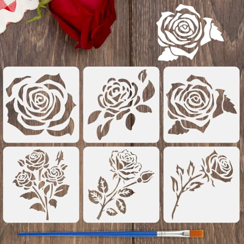 FINGERINSPIRE 6 plantillas de pintura de rosas con pincel de 15 x 15 cm, plantilla de dibujo de rosas individuales, múltiples rosas, plantilla de decoración de rosas para pintar en madera, pared, tela
