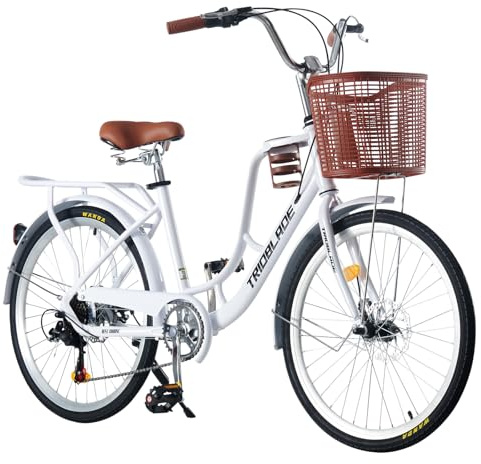 BSTSEL 24/26 Inch Wheels Vintage bike for Girl City Classic Bicycle, Retro Bicycle With 7 Speed Gears, Dual Disc Brakes, Rack And Front Basket Formal Road Bike for Woman Commute (White 24 inch)