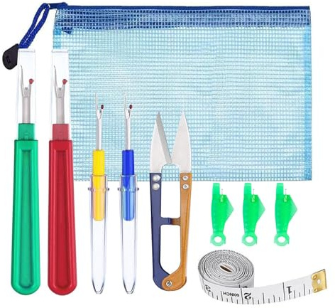 9 Pcs Seam Ripper and Needle Threaders Kit, 2 Big and 2 Small Stitch Unpicker Tool, Thread Cutter, Soft Tape Measure and 3 Needle Threaders for Hand Sewing