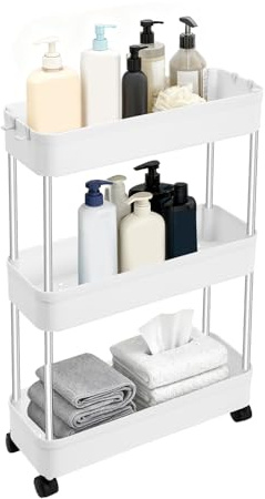TFGXUE Rullvagn, köksvagn med 3 nivåer, badrumshylla med 4 hjul, förvaringsvagn med 4 S-formade krokar, 40 x 14,8 x 61,5 cm, vit