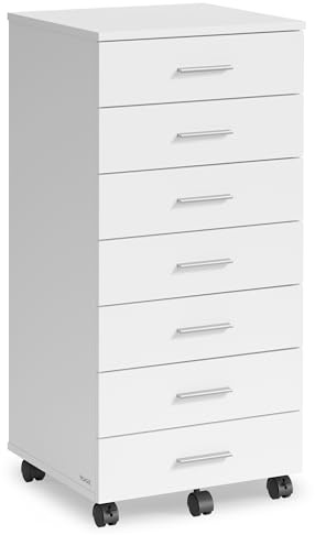 VASAGLE Custos Kollektion - Rollcontainer, mobiler Aktenschrank, Schubladenschrank, Druckerständer mit 7 Schubladen, mit schraubenlosen Gleitschienen, für Büro, Homeoffice, wolkenweiß OFC085WB02
