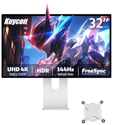 Kuycon Moniteur de Jeu P32K 32 Pouces FHD (3840 x 2160) 4K 144 Hz, 1,07 Milliard de Couleurs, 99% sRGB, 5 ms, HDMI, DP, VESA, Angle de Vision de 178° (Minimalist - with Stand)