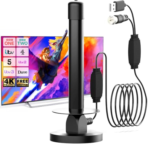 Indoor TV Aerial Magnetic Base for Smart TV, Digital TV Aerial Indoor Compatible with All Televisions, 360° Reception, Supports 4K 1080P HD, Compact TV Antenna Indoor, 5m Coaxial Cable