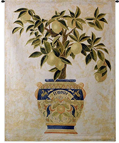 Italian Lemon Tree by Gloria Erickson | Woven Tapestry Wall Art Hanging | Ripe Citrus Tree in Mosaic Patterned Decorative Pot | 100% Cotton USA Size 53x43