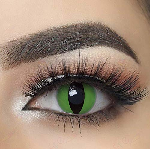 MYSA LENS® Lentilles De Contact De Couleur Fantaisie Crazy Halloween Cosplay Oeil De Chat Vert Oeil De Serpent Green Cat Etui Offert 12 Mois sans correction