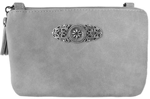 Trachtenland Damen Trachten Handtasche Sofia – Dirndl Umhängetasche aus Lederimitat mit Applikation & Troddel in Pastellfarben oder Schwarz (Hellgrau, ca. 18 x 12 x 8 cm)