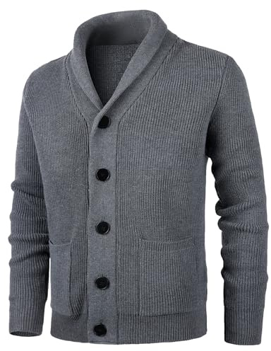 KTWOLEN Hombre Punto Grueso Chaqueta Punto Básico Suéter de Punto De Manga Larga Invierno Cálido Slim Fit JerséIs Cárdigan con Cuello Chal, Carbón, XL