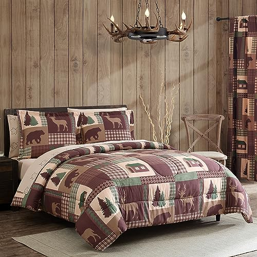 Beatrice Home Fashions 7-delad rustik stuga full täcke säng i en väska sängkläder set med djupa ficklakan, björn hjort stuga brun grön