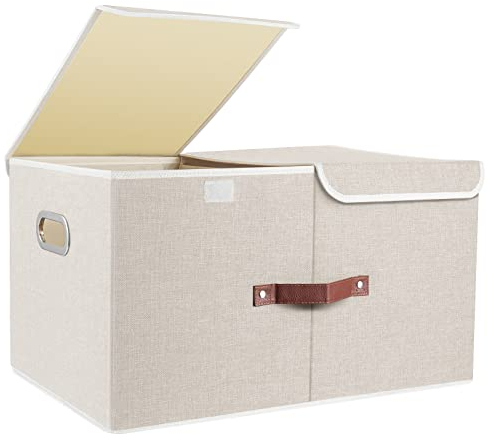 TYEERS Extra Large Storage Box with Lids and Compartments, Collapsible, Washable, Fabric Box with Lid for Clothes, Wardrobe Storage, 55x33x30 cm, Set of 1, Beige