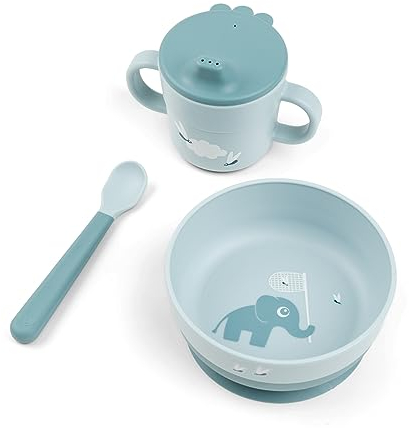 Done by Deer Foodie first meal Geschirr-Set Elphee Blau - Praktische kindergeschirr - baby löffel, Schüssel mit saugnapf und Trinkbecher, 100% PP in Lebensmittelqualität mit rutschfestem TPE