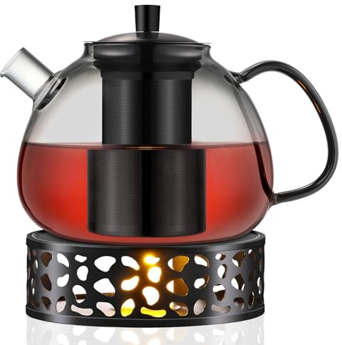 ecooe Tetera negra de 1500 ml de cristal de borosilicato con colador de acero inoxidable 18/8 extraíble resistente al calor para té negro, té verde, té de frutas, té perfumado