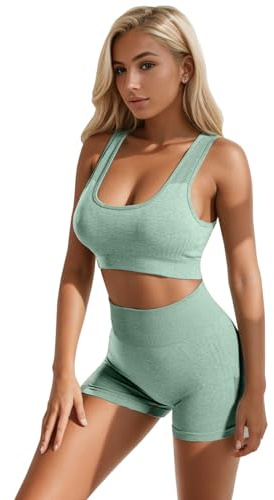 dohomiryo Donna Set di Abbigliamento Yoga Reggiseno Sportivo+Leggings 2 Pezzi Tuta Sportiva Palestra Fitness Activewear Verde menta L