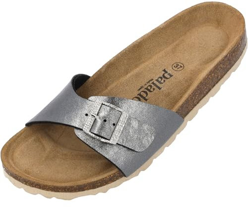 Palado Pantoletten Damen Malta Metallic SQS - elegante Sandalen Made in Spain - bequeme Hausschuhe mit Kork-Fußbett - modische Sommerschuhe Grau UK4,5 - EU37