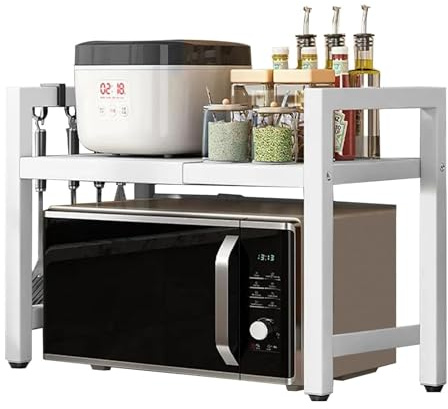 Mikrowellen Regal Ausziehbar Mikrowellenschrank Organizer: 2-Stufig Ofengestell Küchenregal Stehend Gewürzregal für Arbeitsplatte Bäckereiregale Organizer (Weiß+Haken)