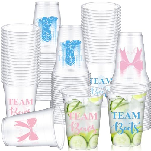 Qinyoung 100pcs Boots and Bows Gender Reveal Party Supplies 12 oz Boots or Bows Party Cups Pink and Blue Plastic Disposable Cups Western Gender Reveal Decorations for Baby Shower