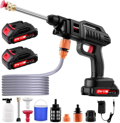Batteridriven högtryckstvätt sladdlös, 21 V 60 bar mobil högtryckstvätt batteri med 2 x 2 000 mA batteri, 6-i-1 roterande munstycke, skumspruta, 5 m slang, för bil trädgård rengöring och bevattning.