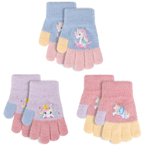Jupsk Gants d'Hiver Tricotés pour Enfants, Extensibles Chauds Gants Magiques Licorne Gloves pour Filles 2-5 Ans, 3 Paires