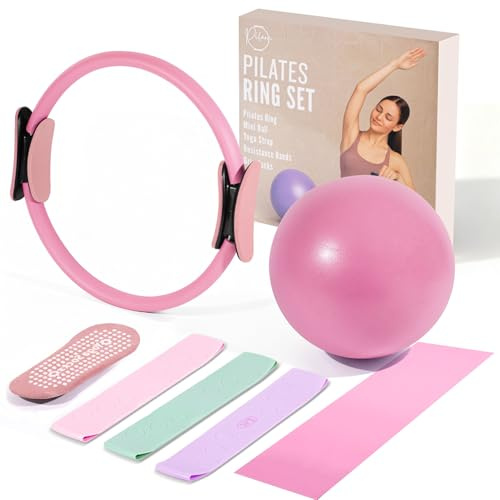 9pcs At Home Pilates Kit for Women Pilates Set Includes 14” Pilates Ring Magic Circle with Dual Padded Handles - Small Pilates Ball Highly Elastic Exercise Resistance Bands Pilates Accessories