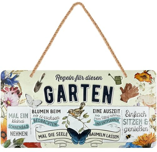 LANOLU retro Blechschild, Garten Regeln Kordelschild mit Spruch, geprägtes Metallschild Gartenschild Deko für draußen wetterfest, Geschenk für Gärtner, 16x32 cm