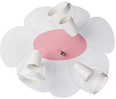 HELLUX Kinderzimmer Lampe Decke aus Holz | LED Deckenleuchten für Kinder mit Blumenform | Kinderlampe Decke 16x33x39cm für Babyzimmer | Lampe E27 mit 3 Lichtpunkten (Weiß/Rosa)