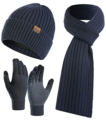 Yutdeng Herren Winter Warme Strickmütze Hut Schal Handschuhe Set Wintermütze Beanie Mütze Winterschal Touchscreen Handschuhe mit Fleecefutter (Blau)