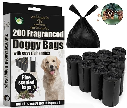 H Haya Home 200 Pine Scented Eco Tie Handles Large Dog Poo Bags on Roll Leak Proof Tear‑Resistant Dog Poo Bags Extra Strong Doggy Poop Waste Bags Environmentally Friendly Made From Recyclyed Material