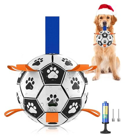 Hundfotbollsleksaker, interaktiv hundboll med greppflikar, inkluderar luftpump, hållbar för små och medelstora hundar, inomhus, utomhus, vattenlek (15 cm), orange och blå