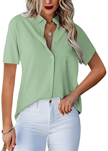 Homlan Damblus, v-ringad, långärmad, elegant, ledig, knappblus, arbetsblus, enfärgad, med bröstfickor, D-grön, S
