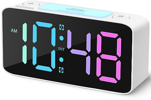 Cadmos Super Loud Alarm Clock for Heavy Sleepers Adults,Digital Clock with 7 Color NightLight,Adjustable Volume,USB Charger,Small Clocks for Bedrooms,Ok to Wake Up for Kids,Teens (White+RGB)