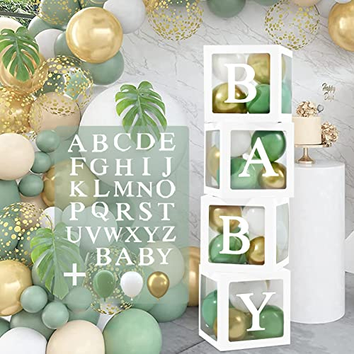 Baby Shower Decorations for Boys Girl, Sage Green Baby Shower Balloon Boxes with 27 Letters(BABY+A-Z), 30 Green White and Gold Balloons, Baby Boxes for Jungle Safari Animal Theme Birthday Party, Prom