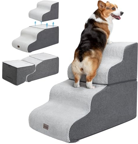 Garnpet Dog Stairs for High Beds, 4-Step Dog Steps for Small Dogs and Cats, Foldable Pet Stairs for High Bed Climbing, Non-Slip Balanced Pet Step Indoor, Light Grey