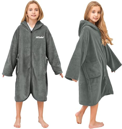 Hiturbo Kids Bath Towel Hoodie: Soft Plush Zipper Surf Poncho - Warm Fleece Changing Towels Swimming Outerwear (Gray)